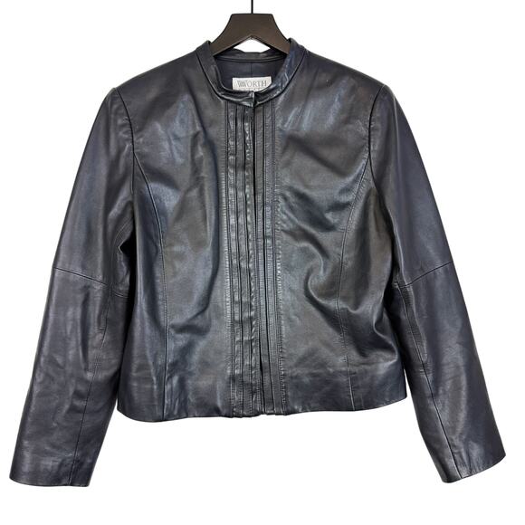 WORTH Luxury 100% Leather Womens Jacket Black - Size 12P Petite - Picture 1 of 11